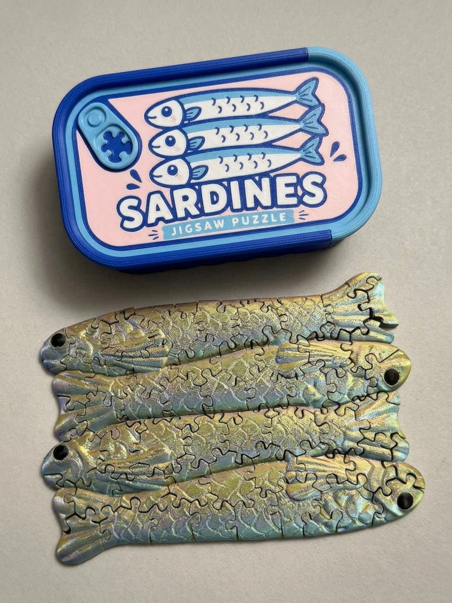 3D Printed Sardine Tin Jigsaw Puzzle - Iridescent Silk Fidget Toy & Desk Gadget, Quirky Mechanical Brain Teaser & Anti-Anxiety Gift